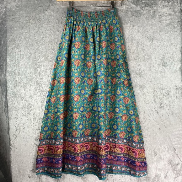 NATURAL LIFE Dresses & Skirts - Natural Life Skirt Womens Sz M Teal Peony Border Floral Maxi Boho Artsy Smocked